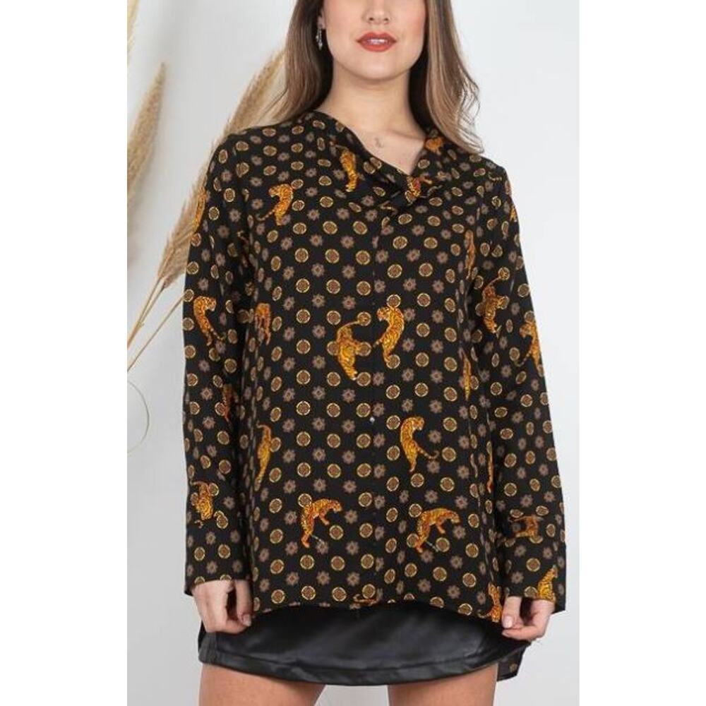 Zara Basic Geometric Tiger Satin Baroque Cowl Neck Tunic Top Black Womens Medium